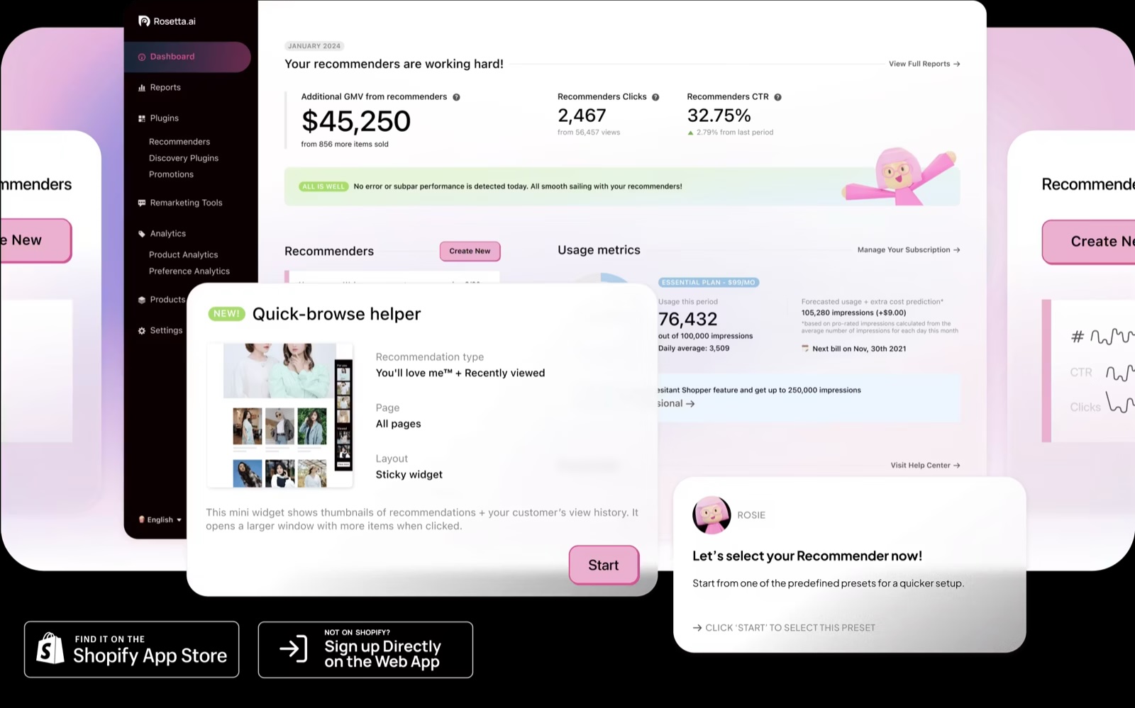 Rosetta.ai recommendation engine dashboard